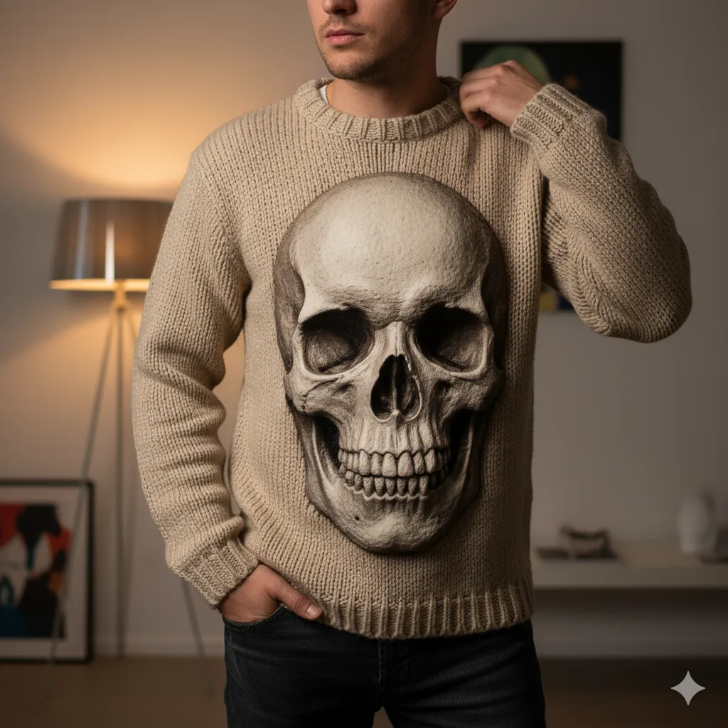 3D skull sweater front detail