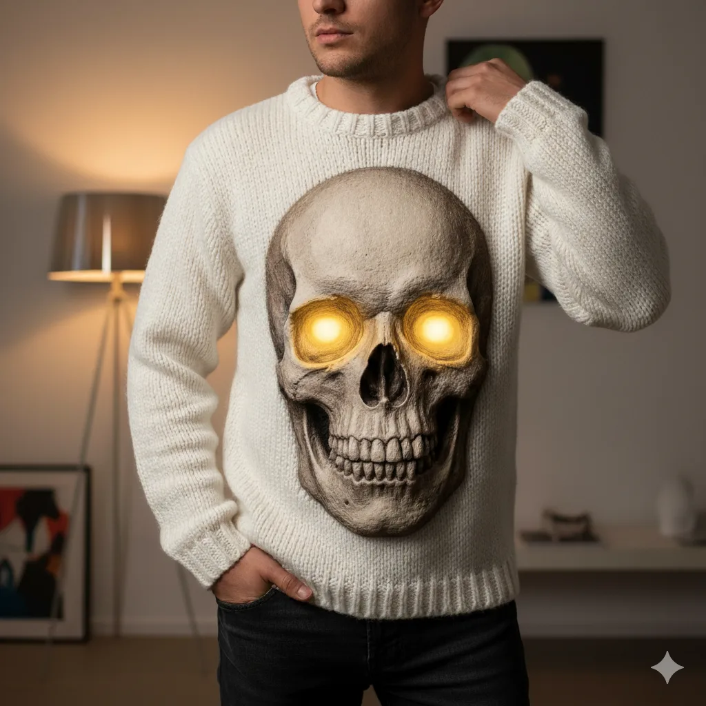 Model wearing a 3D skull sweater