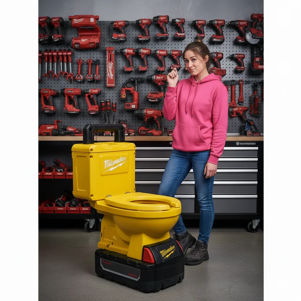 A close-up of a power tool garage toilet, showing its compact design and plumbing connections.