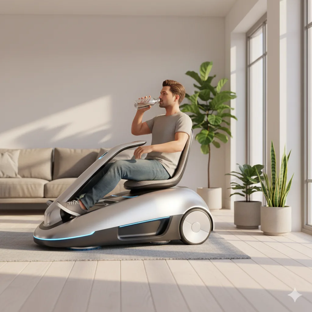 A person riding a large industrial vacuum cleaner across a warehouse floor.