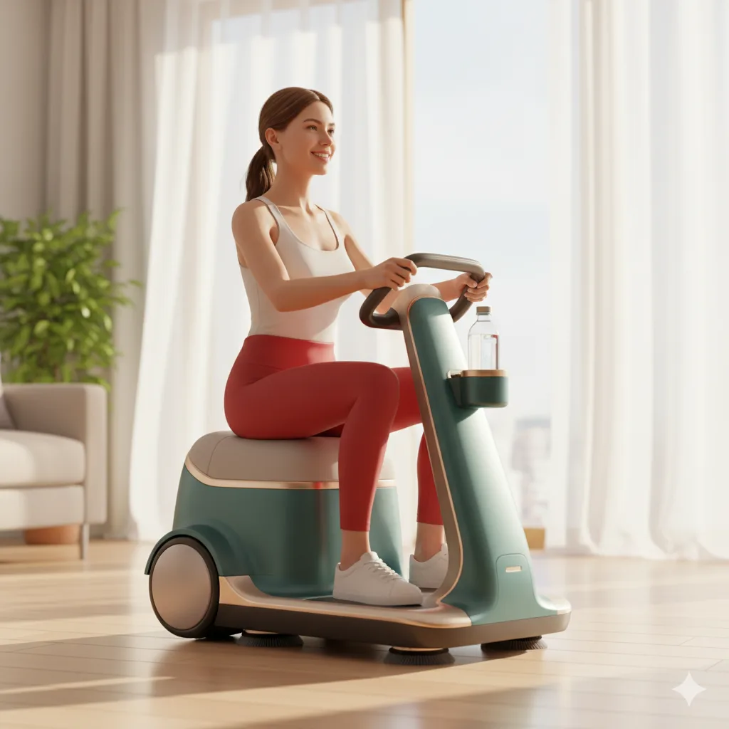A sleek, modern riding vacuum cleaner parked in a clean, open space.